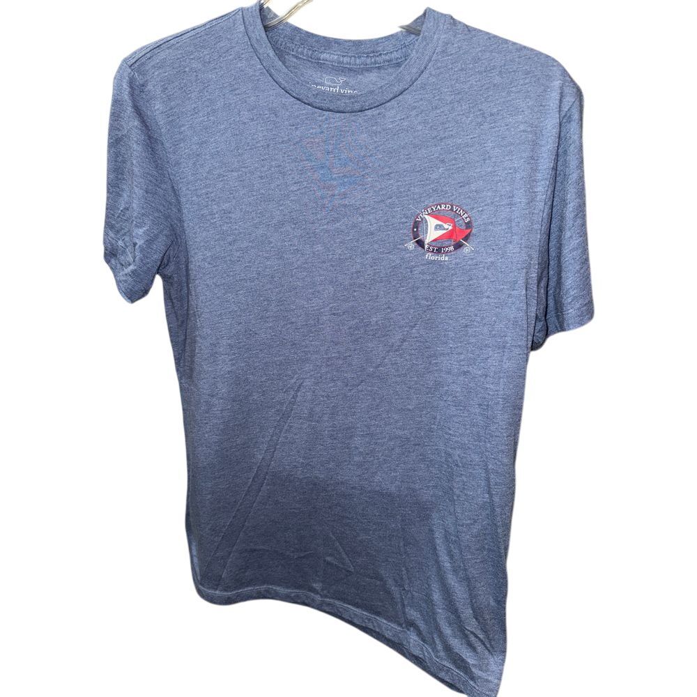 Vineyard Vines Men Fly Fishing Rod Graphic Pocket Tee TShirt Blue FLAG size S